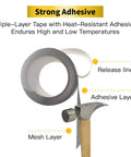 Screen Repair Tape With Heavy Duty Adhesive Fiberglass Mesh Patch showing release liner, adhesive layer, and mesh layer with hammer.