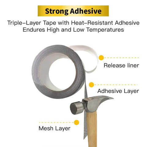 Screen Repair Tape With Heavy Duty Adhesive Fiberglass Mesh Patch showing release liner, adhesive layer, and mesh layer with hammer.
