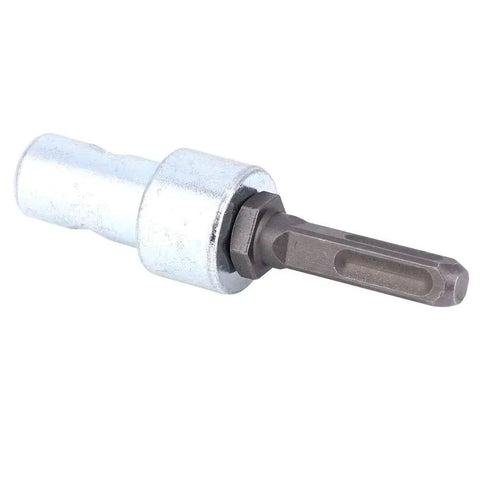 Electric Hammer To Earth Auger Adapter With 4 Port Square Drill Bit Connector, beefy metal interface angled view