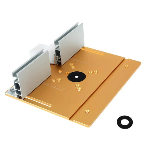 Heavy Duty Aluminum Router Table Insert Plate Clutch Woodworking Electric Router Flip Plate With Badass Precision Center Bushing For Home Workshop Yellow Finish, top view with two side brackets.
