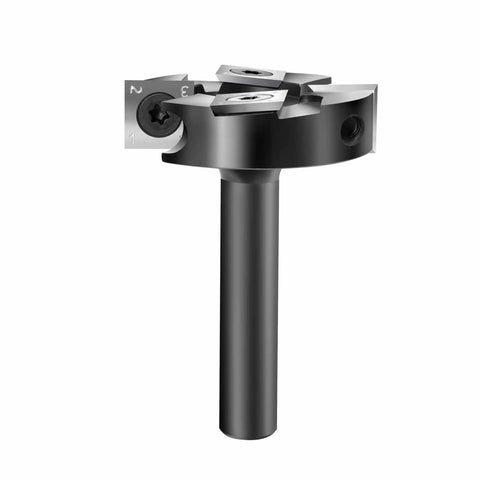 CNC Spoilboard Surfacing Router Bit With One Half Inch Shank And Two Inch Cutting Diameter, Balanced Two Plus Two Carbide Inserts