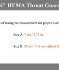 Size chart for Tough As Nails Hema Throat Guard Gorget with Air Mesh Comfort and 350N puncture resistant fabric.