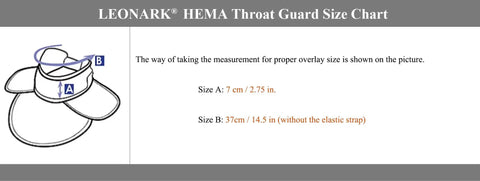 Size chart for Tough As Nails Hema Throat Guard Gorget with Air Mesh Comfort and 350N puncture resistant fabric.