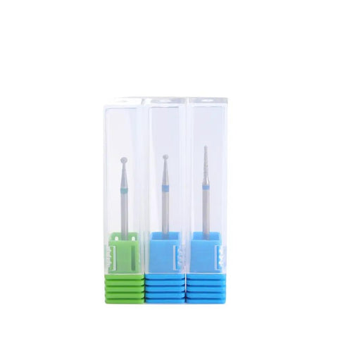 3 Piece Cuticle Cleaning Carbide Nail Drill Bits With Diamond Rotary Burrs For Electric Nail File Ball And Needle Heads in packaging