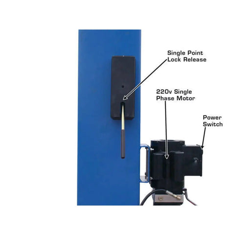 Heavy Duty Two Post Vehicle Lift With Baseplate And Open Top Design For Low Ceiling Garages, motor and lock release details.