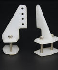 Two white nylon RC airplane control horns with four holes and screws, size W13xL18xH25mm, lightweight KT model replacement parts.