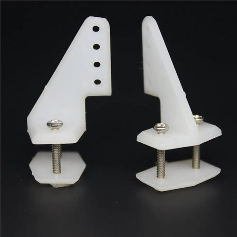 Two white nylon RC airplane control horns with four holes and screws, size W13xL18xH25mm, lightweight KT model replacement parts.