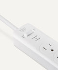 Plug Away Safe With This Legit Solid 6 Outlet Surge Protector Power Strip 2 Pack 2 foot white cord and power switch detail.