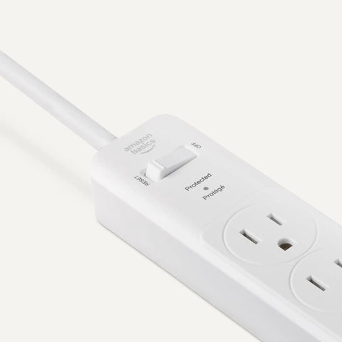 Plug Away Safe With This Legit Solid 6 Outlet Surge Protector Power Strip 2 Pack 2 foot white cord and power switch detail.