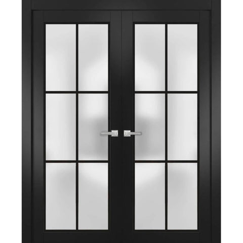 Planum 2122 Double Swing Interior French Doors With Glass And Frosted Glass, Solid Wood, 60x80 Inches, Black Finish, Modern Style