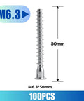 M6.3 X 50mm hex socket countersunk self tapping furniture screws 100 pack carbon steel zinc plated shown with dimensions.