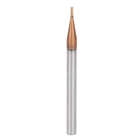 Front view of a 4-flute carbide end mill with copper cutting head and silver shank; blade length 10 mm