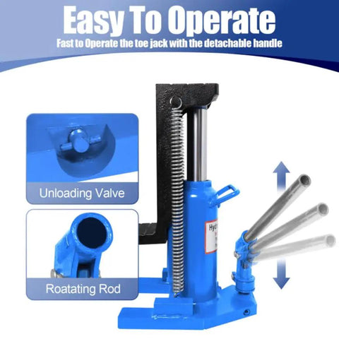 Heavy Duty Alloy Steel Hydraulic Toe Jack With Dual Point 20 Ton Top Lift and 10 Ton Edge Catch showing unloading valve and rotating rod.