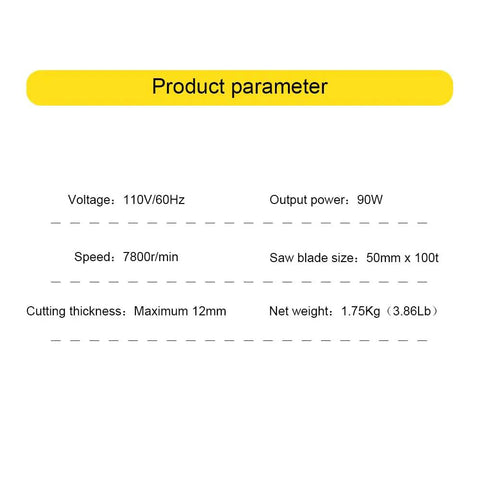 Product parameters of Compact 45 Degree Mini Benchtop Cut Off Saw For Wood Metal And Plastic with 7800 RPM and 90W.