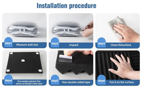 Installation steps for 100 Pack Soundproof Foam Panels For Walls, 12x12 Inch Acoustic Tile showing measuring, unpacking, and cleaning.