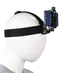 First Person POV Head Mount Phone Holder For Outdoor Filming with phone attached, adjustable strap shown on mannequin.