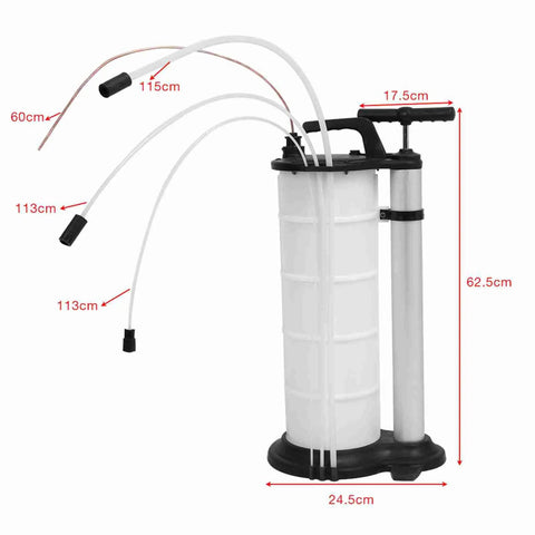 Slick Hand Pump For Quick Fluid Transfer! 9L manual extraction tool with multiple hoses for draining engine fluid effectively.