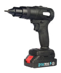 21V Brushless Electric Blind Rivet Nut Tool Featuring Rechargeable Battery Pack, Plug And Play Automatic Ram Gun side view with battery