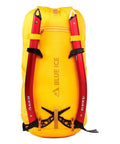 Yellow backpack with two red Akila Ice Axe Hammer For Alpine Climbing And Ski Mountaineering attached, highlighting gear setup.