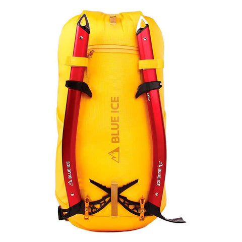 Yellow backpack with two red Akila Ice Axe Hammer For Alpine Climbing And Ski Mountaineering attached, highlighting gear setup.