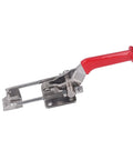 Super Durable Stainless Steel Toggle Clamps With Adjustable Openness And 900kg Heavy Duty Firm Fixing Buckle Latch For Welding Mold Installation And DIY Hardware Jobs with red handle and stainless steel body.