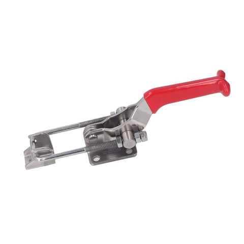 Super Durable Stainless Steel Toggle Clamps With Adjustable Openness And 900kg Heavy Duty Firm Fixing Buckle Latch For Welding Mold Installation And DIY Hardware Jobs with red handle and stainless steel body.