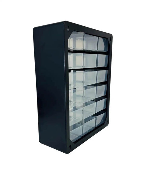 Side view of 18 Drawer Parts Organizer in Matte Black Finish, compact 6.25 x 14.75 x 18.5 inches, clear drawers for easy viewing.
