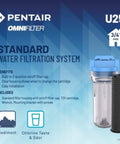 Whole House Water Filtration System 10 Inch Standard with Valve-In-Head Three Quarter Inch NPT Clear Housing Includes TO1 Cartridge Wrench and Mounting Bracket Cuts Sediment, Chlorine Taste and Odor for Cleaner, Great-Tasting Water product and features display