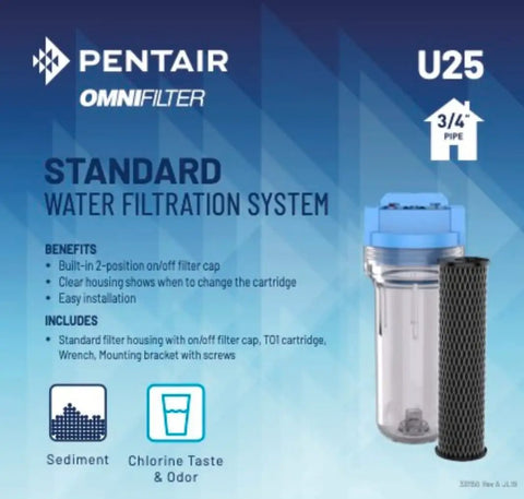 Whole House Water Filtration System 10 Inch Standard with Valve-In-Head Three Quarter Inch NPT Clear Housing Includes TO1 Cartridge Wrench and Mounting Bracket Cuts Sediment, Chlorine Taste and Odor for Cleaner, Great-Tasting Water product and features display