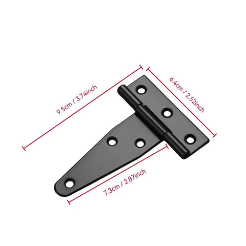 Self Closing Reversible Door Hinges Set T Shape 2 Pieces with Screws for Wooden Fence Barn Doors, stainless steel, black, dimensions shown