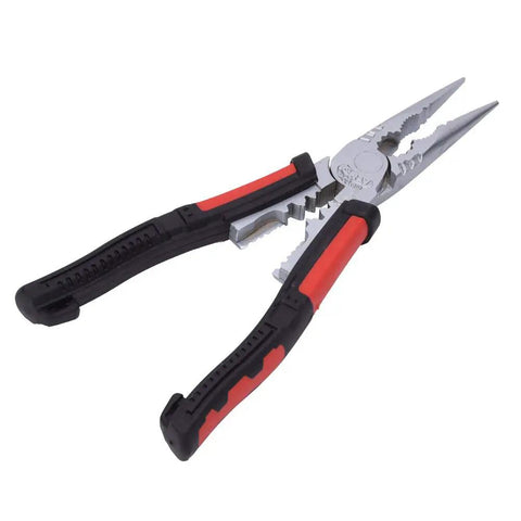 7 In 1 Pro Grade Workhorse Multifunction Needle Nose Pliers Wire Stripping Tool With Cutting Crimping Clamping And Nut Handling For Electrical Work Automotive Repairs And DIY Projects In Premium Chrome Vanadium Steel, angled view