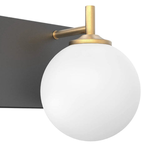 Mid Century Modern Four Light Vanity Light With Milky Glass Globes Over Mirror Dope Vintage Style Bathroom Fixtures Featuring Gold Pole And Matte Black Base For Soft Uniform Illumination close-up