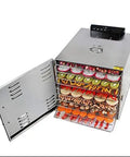 Top Shelf Heavy Duty Ten Layer Stainless Steel Electric Food Dehydrator With Digital Timer And Adjustable Trays For Making Jerky Fruits Vegetables And Pet Snacks with open door and trays of dehydrated fruits.