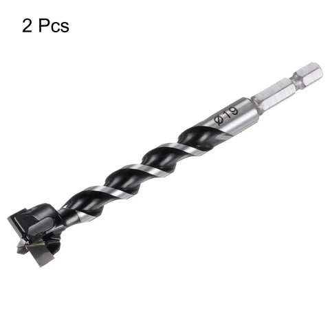 Two Pack Forstner Drill Bits Three Quarter Inch 19mm Diameter Tungsten Carbide Woodworking Hole Cutters Quarter Inch Hex Shank, side view.