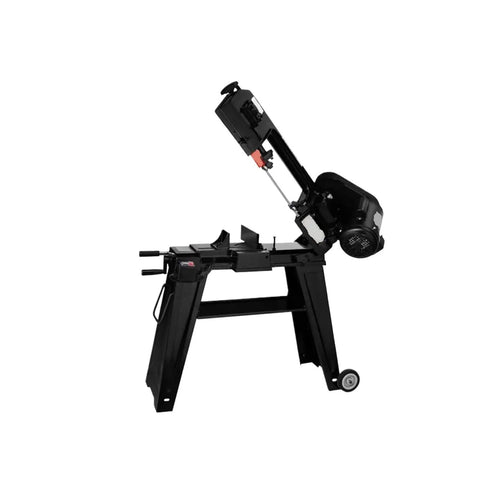 Mini Desktop Metal Cut Off Saw With Heavy Duty Stainless Frame For Precision Angle Cuts On Round And Square Steel Up To Four Inches, side view.