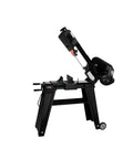 Kickass Portable Desktop Mini Table Saw And Stainless Steel Metal Cutter With Precision Angled Cutting Station angle view on workbench.