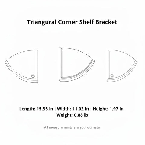 Diagram of Rock Solid Wood Triangular Corner Shelf Bracket For Wall Mount Storage In Bathroom And Living Room dimensions