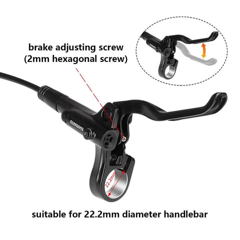 Close-up of MT200 Hydraulic Disc Brake Set lever with adjusting screw for 22.2mm handlebar.