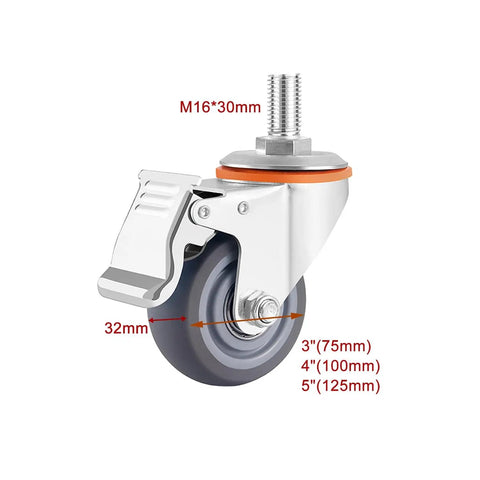 Heavy Duty Swivel Caster Wheels With M Threaded Stem And Top Plate, 360 Degree Caster Set With Brake, dimensions labeled