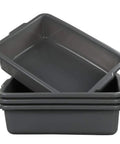 Four Pack Plastic Bus Tubs For Commercial Use, 13 Liter Capacity Tote Boxes, stack of durable grey bins for storage