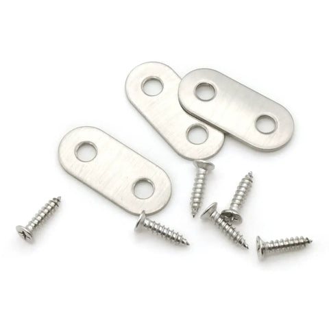 No Fuss Heavy Duty Straight Flat Corner Braces 50 Piece Metal Joining Plates With Mounting Screws Easy Install showing metal plates and screws.