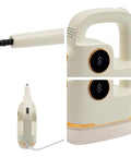 Close-up of a handheld steam cleaner with 6-speed adjustable, digital display and extension hose nozzle, lightweight design.