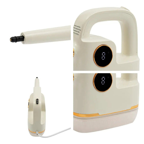 Close-up of a handheld steam cleaner with 6-speed adjustable, digital display and extension hose nozzle, lightweight design.