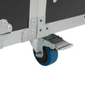 Close-up of a heavy duty 12U server rack cabinet wheel with a locking mechanism, suitable for IT network rigs and pro audio gear.