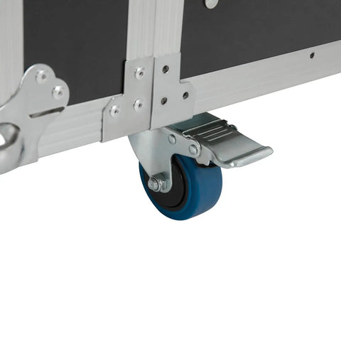 Close-up of a heavy duty 12U server rack cabinet wheel with a locking mechanism, suitable for IT network rigs and pro audio gear.