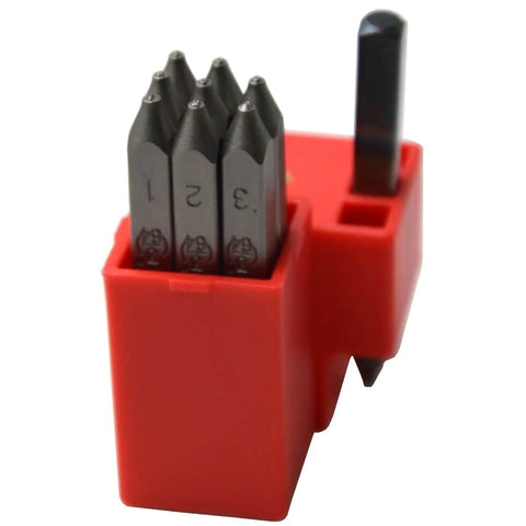 Close-up of 36 Piece Heavy Duty Steel Stamp Set With Uppercase Letters And Numbers 2mm Punch Kit for metal stamping and crafts.