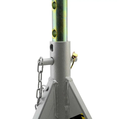 Close-up of Heavy Duty Jack Stand Pro Grade 3 Ton Capacity showing adjustable anodized post with holes and chain lock mechanism.