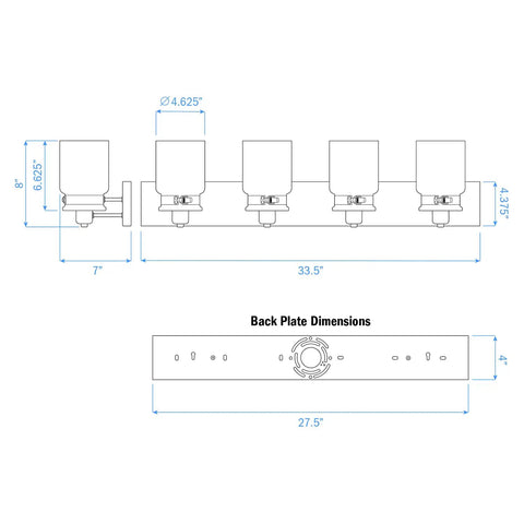 Diagram of Vintage Farmhouse Bathroom Vanity Light Fixture in Oil Rubbed Bronze Reversible 4 Light Design with dimensions
