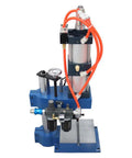Shop Approved Pneumatic Punch Press With Digital Display Controller And Adjustable Cylinder Stroke For Sharp Sheet Metal Cutting One Ton Squeeze Power Dual Trigger Controls Crafted For Daily Grind Reliability, showing blue and silver press with red hoses.