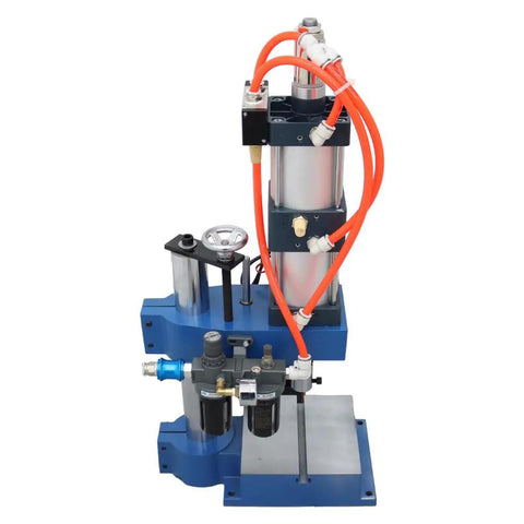 Shop Approved Pneumatic Punch Press With Digital Display Controller And Adjustable Cylinder Stroke For Sharp Sheet Metal Cutting One Ton Squeeze Power Dual Trigger Controls Crafted For Daily Grind Reliability, showing blue and silver press with red hoses.